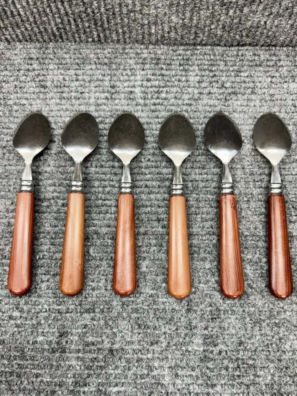 Faberware Silverware Lot Of 6 Spoons Faux Wood Brown Handle Set Oval Vintage